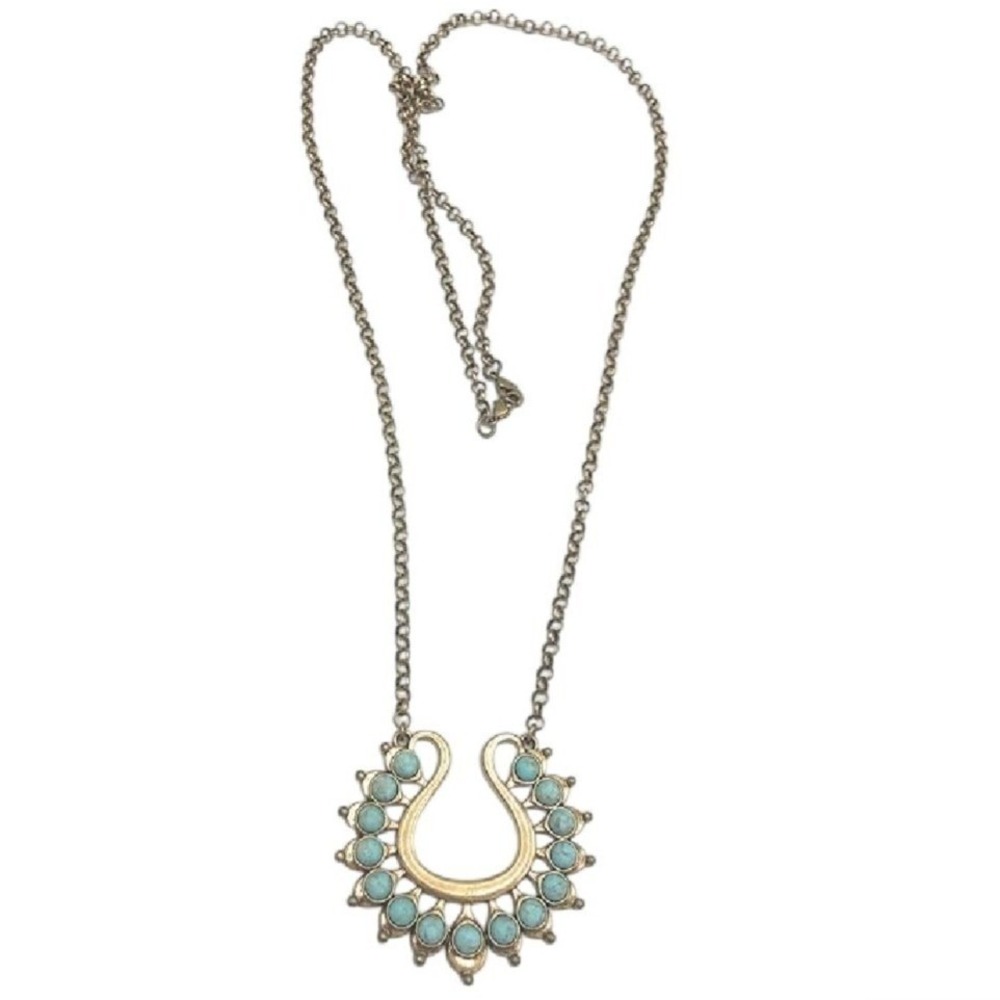 Vintage Turquoise Horseshoe Necklace 43" Antique Brass Pendant Boho